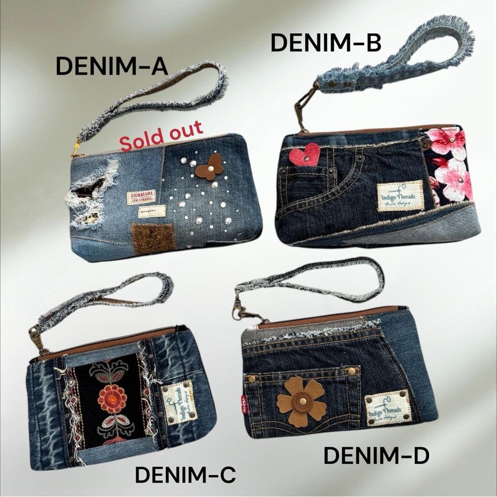 One-of-a-Kind Denim Patchwork Wristlet Clutch – Wallet, 7.5”x5”, 3 Card slots.